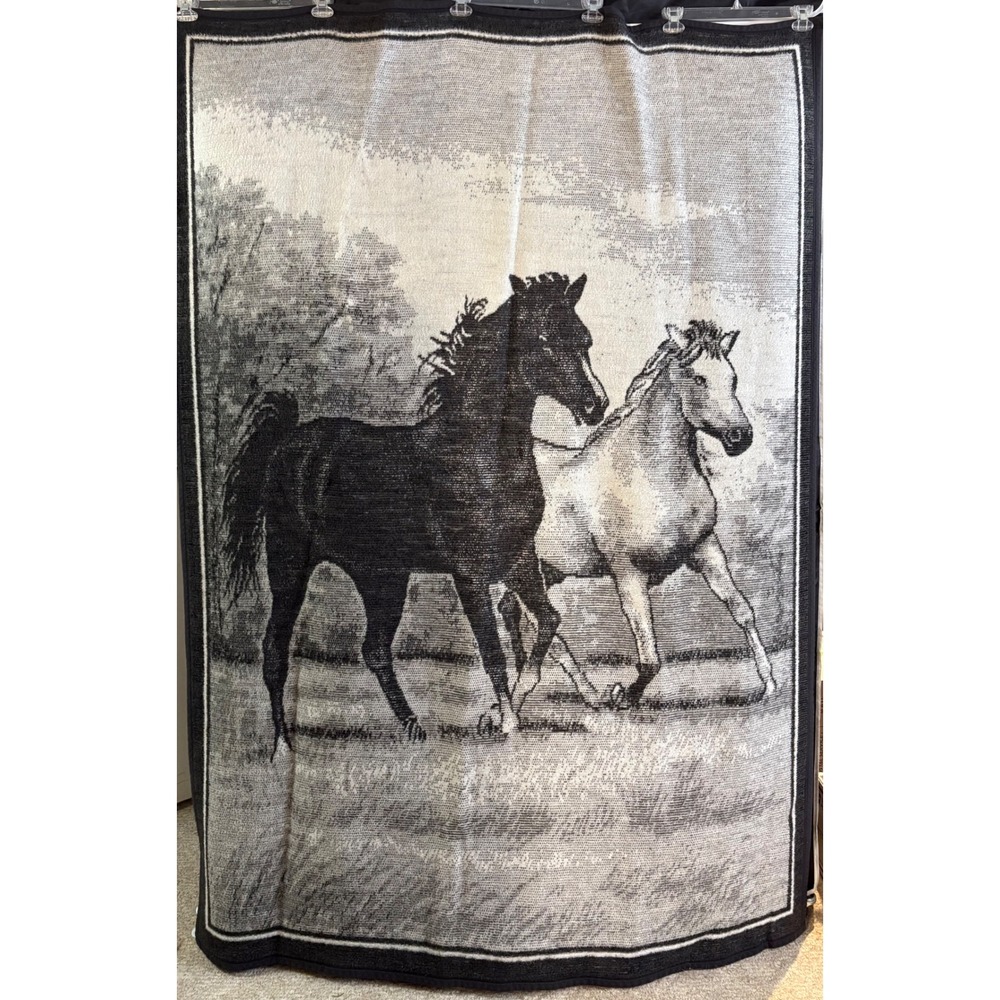 Vtg Biederlack Throw Blanket Horses Reversible Black Gray White Made USA 53x74"